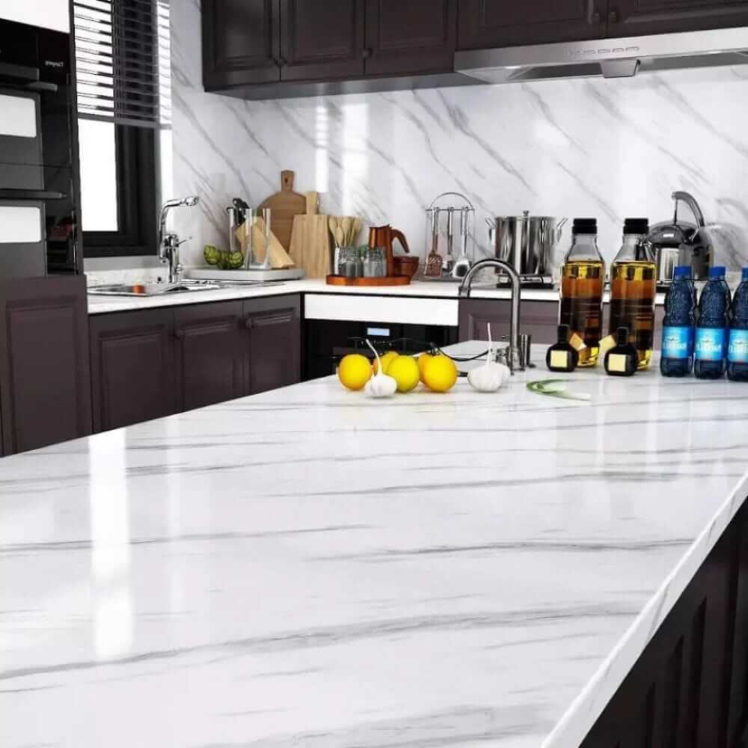 White Marble Kitchen Sheet – Black Vein Design (6.5 ft × 2 ft | 2 Meter Roll) - Avira Official Store