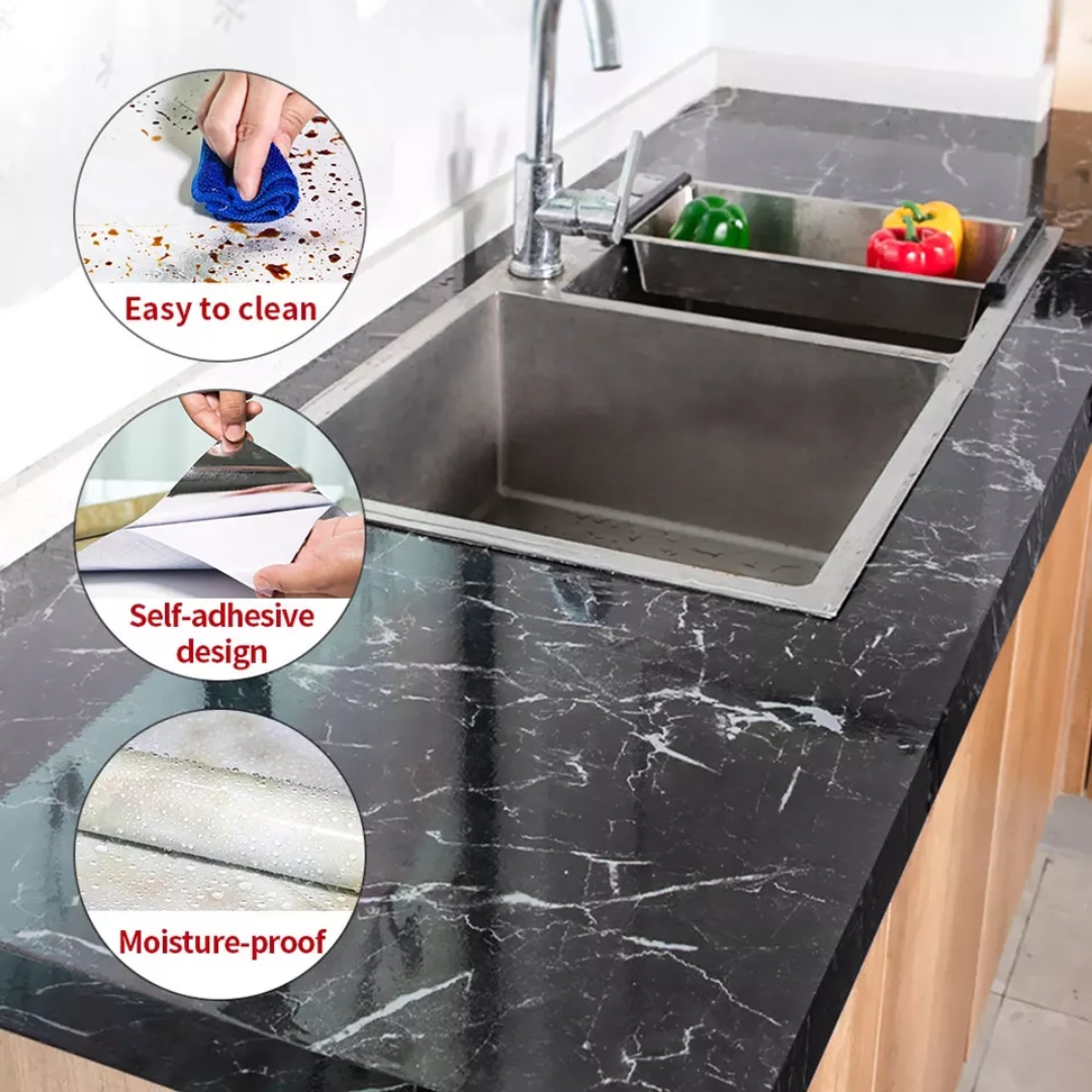 Black Marble Kitchen Sheet – White Vein Design (6.5 ft × 2 ft | 2 Meter Roll) - Avira Official Store 