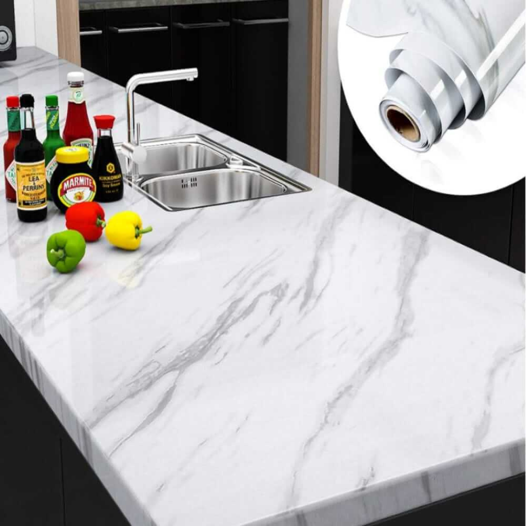 White Marble Kitchen Sheet – Black Vein Design (6.5 ft × 2 ft | 2 Meter Roll) - Avira Official Store 